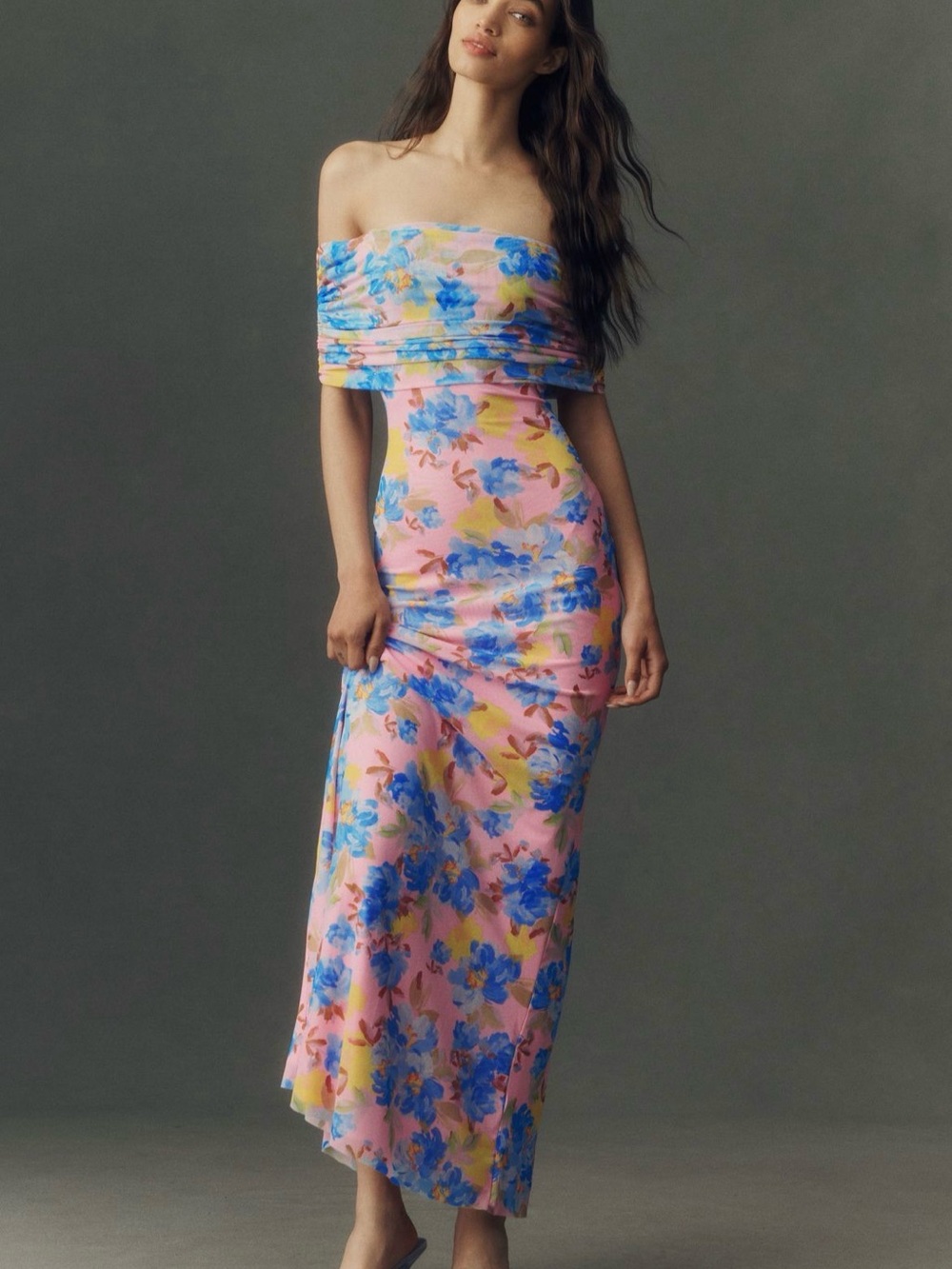 Anthropologie AFRM Strapless Pink Floral Maxi Dress with Blue Bloom Print